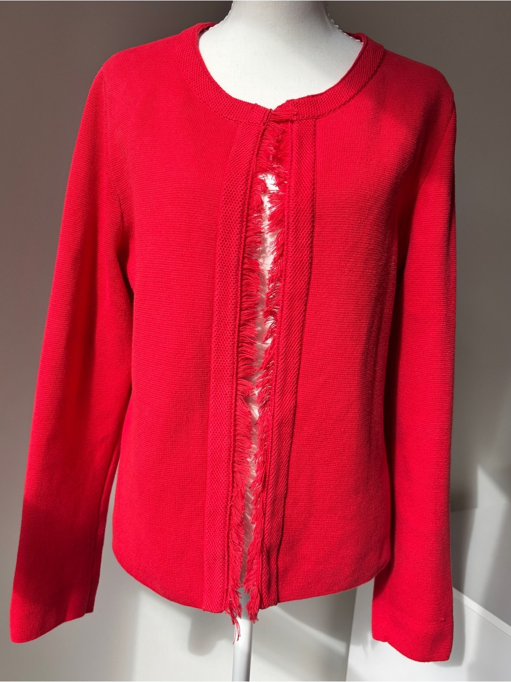 Talbots Red Fringe-Trim Knit Cardigan